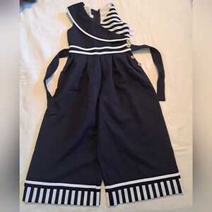 Bonnie Jean girls size 7 blue & white jumpsuit wide leg cropped, New